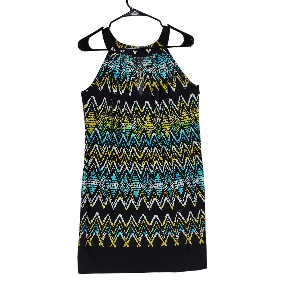 Enfocus Studio Mini Shift Dress 8 Women Black Green Sleeveless Stretch BOHO‎ 70s